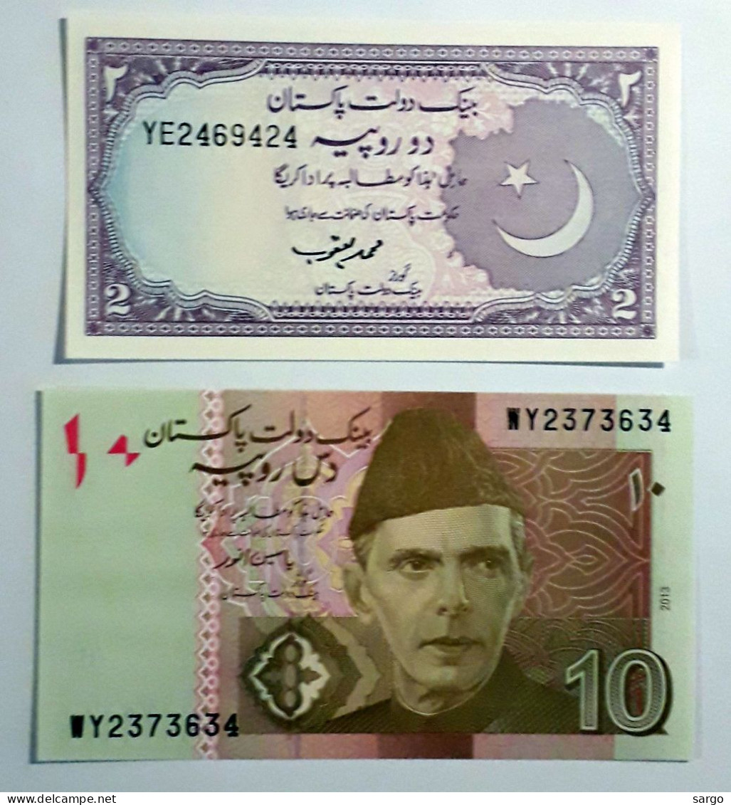 PAKISTAN - 2,10 RUPEES  - P 37, P 45  (1985-1999) - (2006-2022) - 2 PCS - UNC - BANKNOTES - PAPER MONEY - CARTAMONETA - - Pakistan