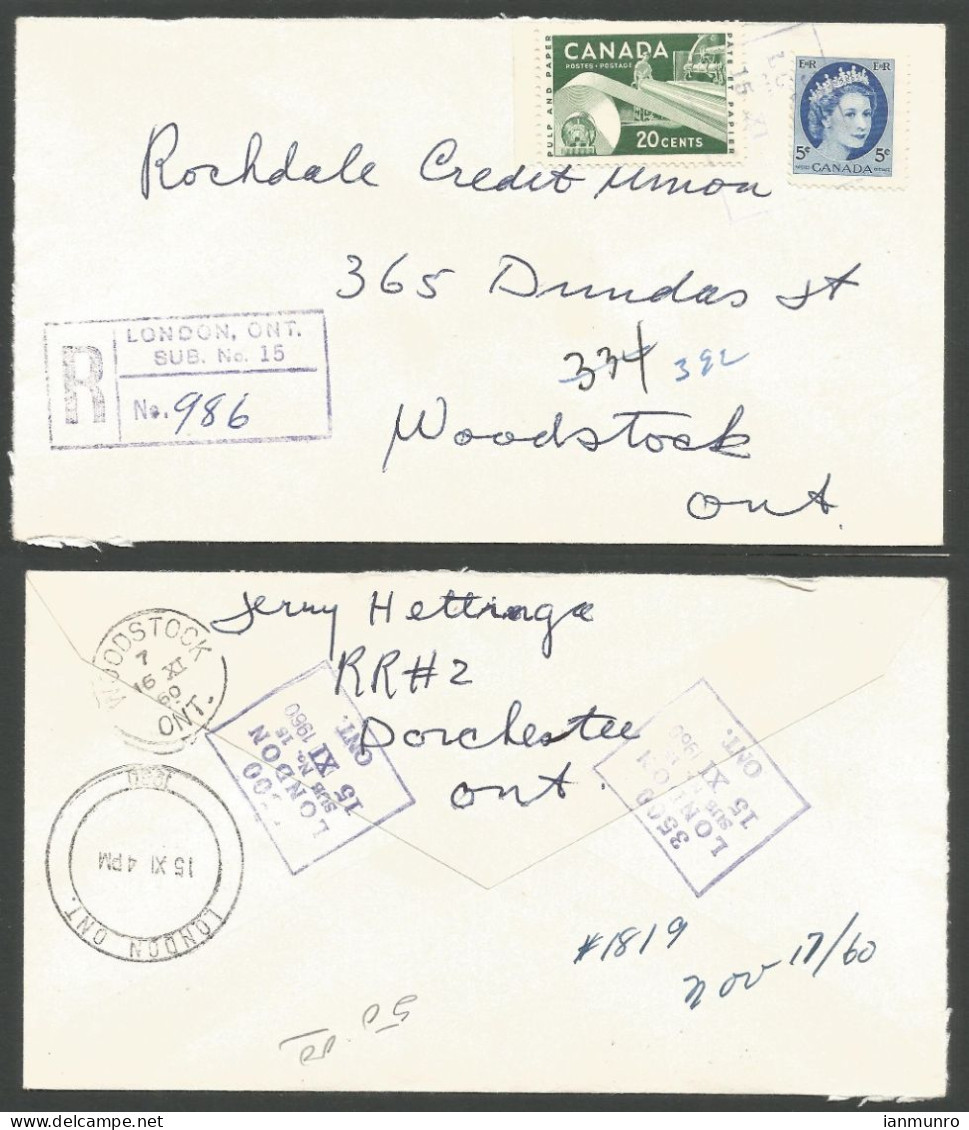 1960 Registered Cover 25c Wilding/Paper MOON London Sub No 15 Ontario To Barrel Woodstock - Historia Postale