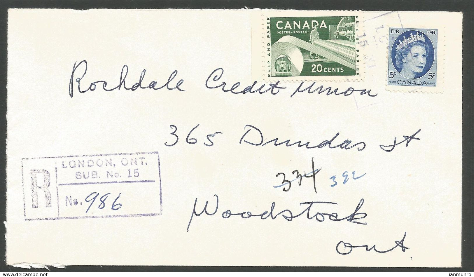 1960 Registered Cover 25c Wilding/Paper MOON London Sub No 15 Ontario To Barrel Woodstock - Postgeschichte