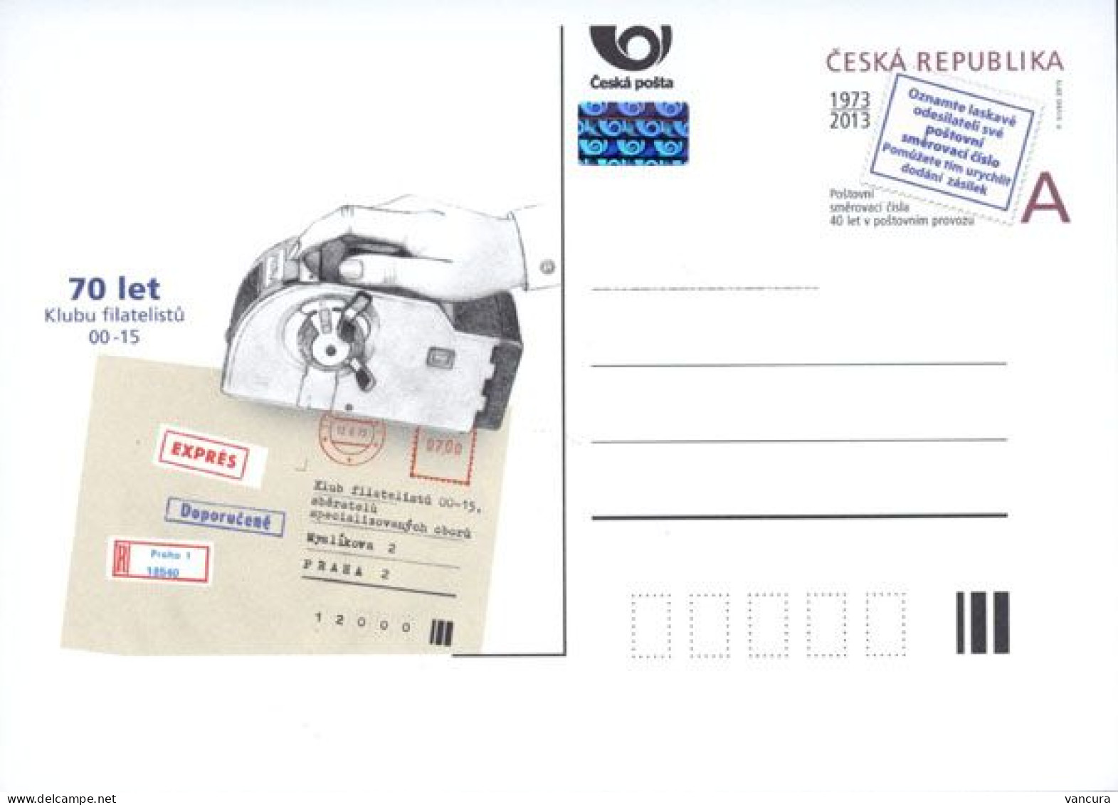 CDV 156 Czech Republic 70th Anniversary Of Collectors Of Specialised Topics Club 2013 - Code Postal