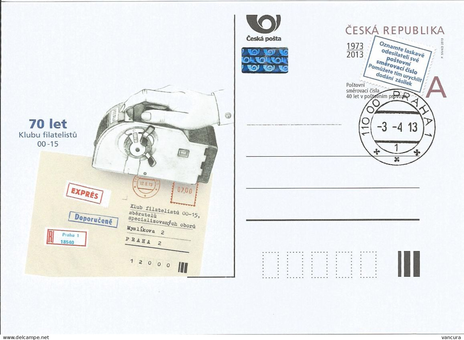 CDV 156 Czech Republic 70th Anniversary Of Collectors Of Specialised Topics Club 2013 - Postleitzahl