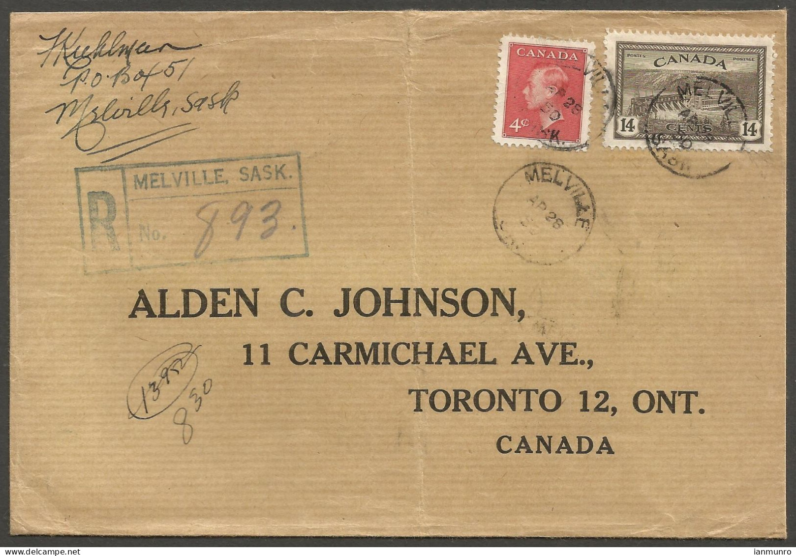 1950 Stamp Dealer Reply Cover Registered 18c Peace/GVI RPO CDS Melville Saskatchewan - Postal History