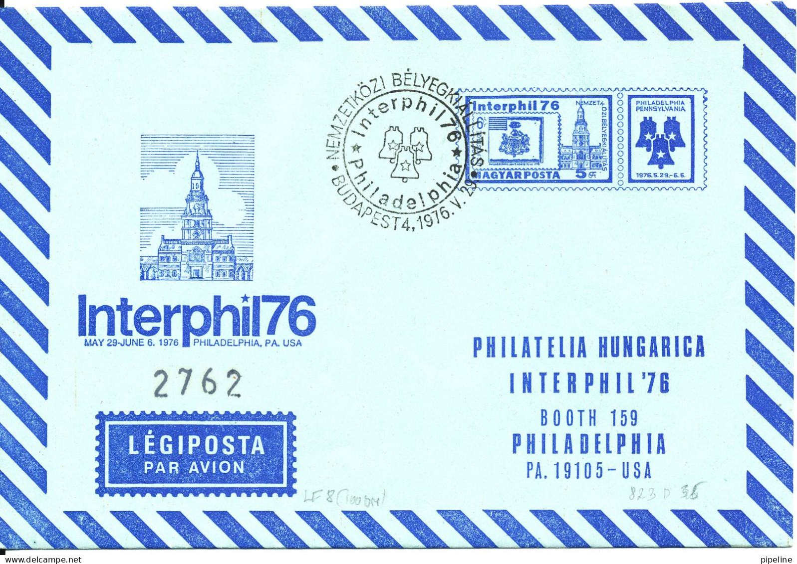 Hungary Aerogramme Interphil 76 Sent To USA Budapest 29-5-1976 - Briefe U. Dokumente
