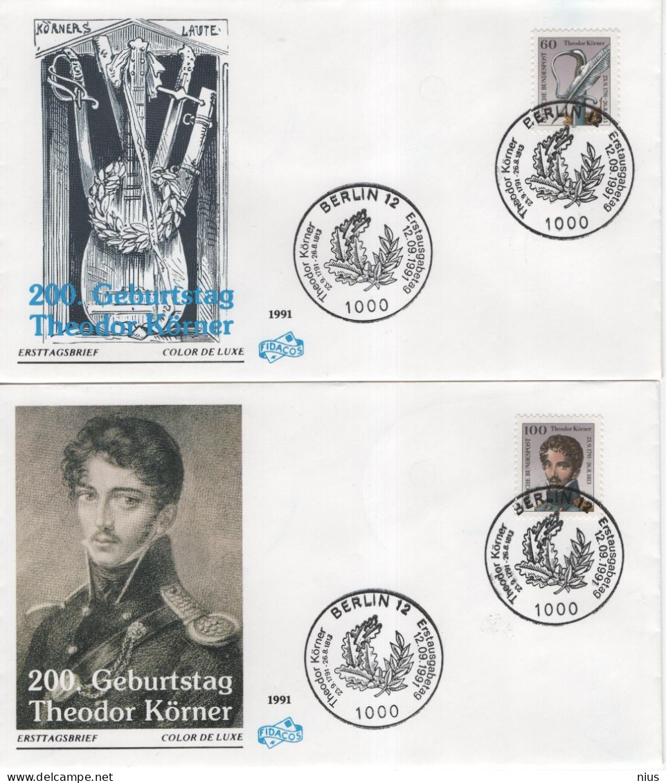 Germany Deutschland 1991 FDC X2 Theodor Korner, German Poet And Soldier, Bonn, Canceled In Berlin - 1991-2000