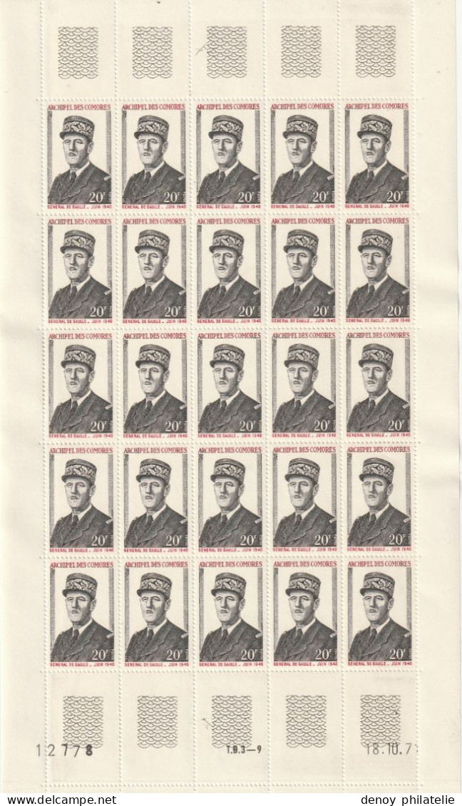 Comores Feuille Complete Du N°77 78 Anniversaire De La Mort Du Général De Gaulle - Unused Stamps