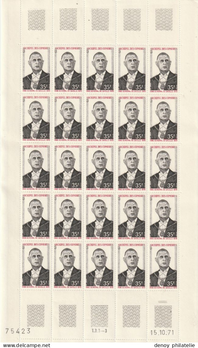 Comores Feuille Complete Du N°77 78 Anniversaire De La Mort Du Général De Gaulle - Unused Stamps