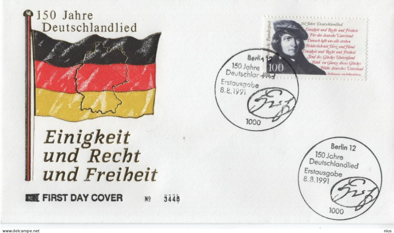 Germany Deutschland 1991 FDC Hoffmann Von Fallersleben, Deutschlandlied, Poet Anthem Hymn Hymne, Canceled In Berlin - 1991-2000