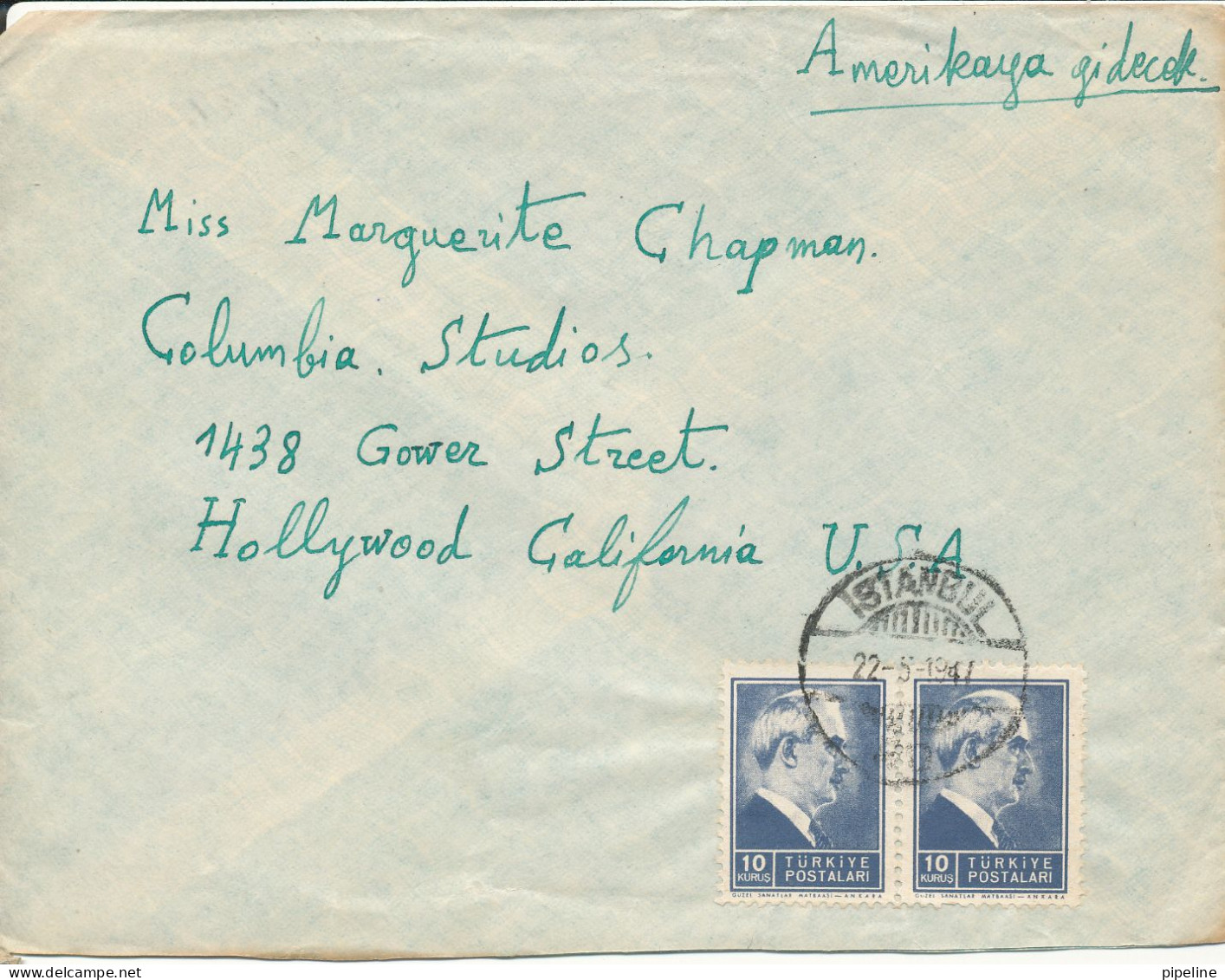 Turkey Cover Sent To USA Istanbul 22-5-1947 - Briefe U. Dokumente
