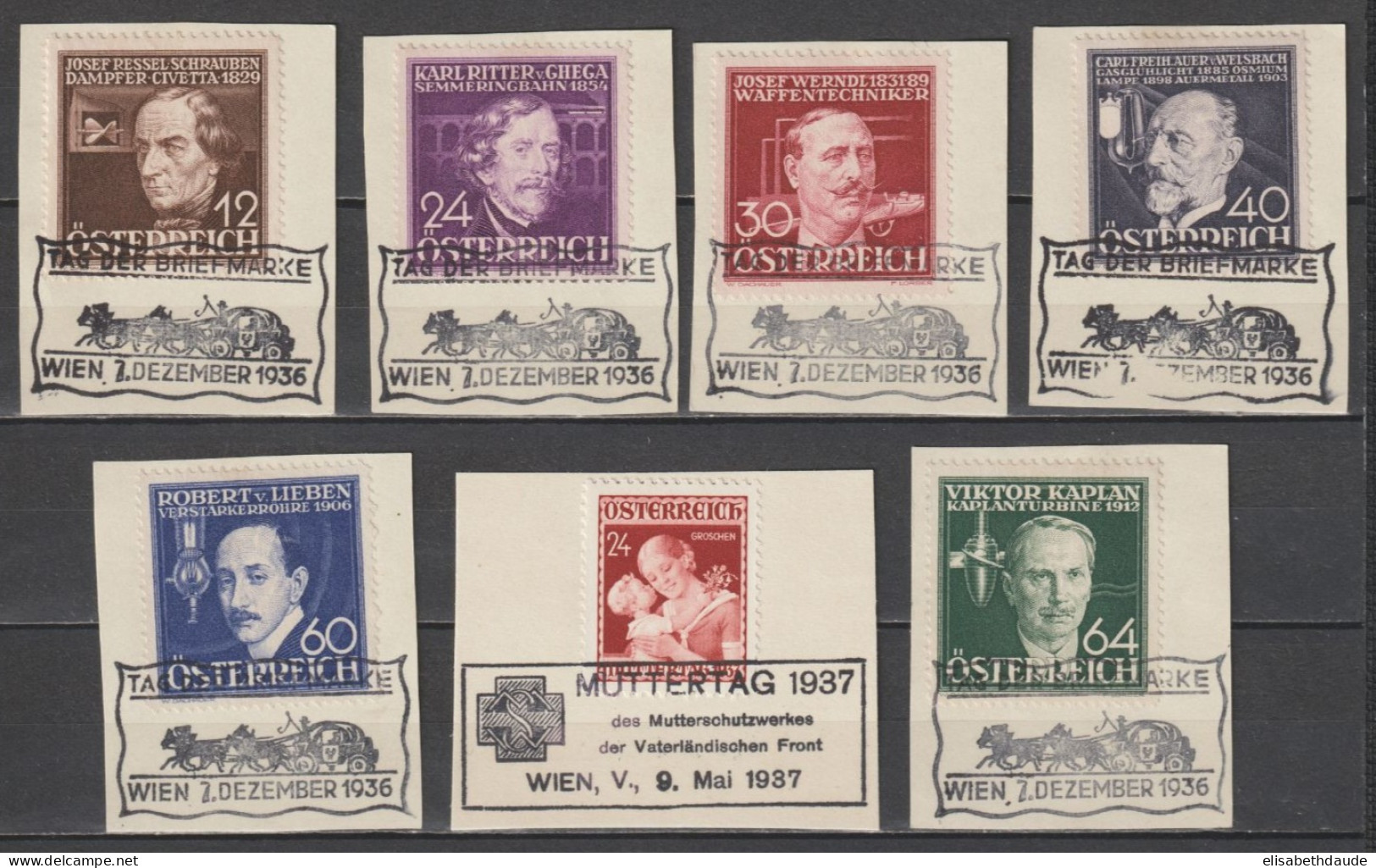 AUTRICHE - 1936/37 - SERIE COMPLETE YVERT N° 489/495 OBLITERES SUR FRAGMENT - COTE = 55.5++EUR - Used Stamps