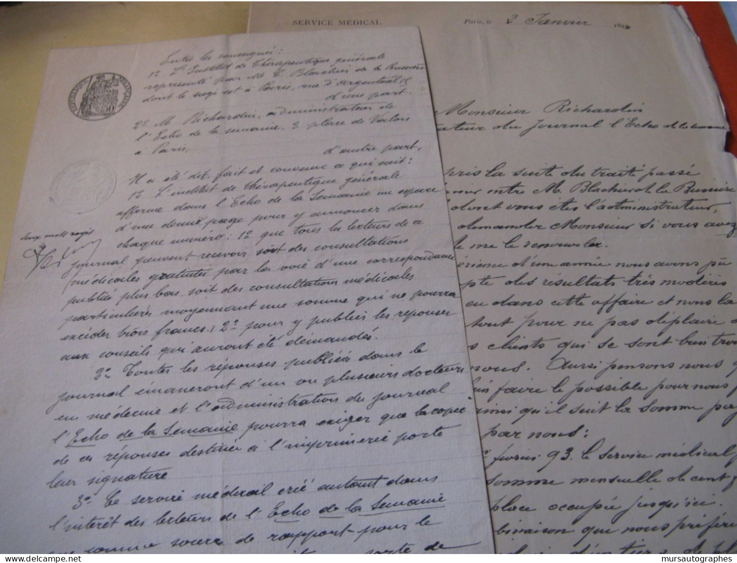 DOSSIER Autographe Signé INSTITUT THERAPEUTIQUE PARIS & JOURNAL ECHO SEMAINE 1893 - Inventors & Scientists