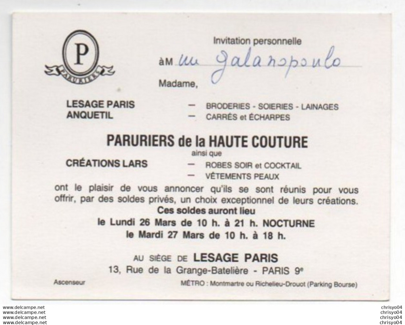 2V3 Fo  Carte Invitation Mode Lesage Paris Anquetil Haute Couture Années 50/60 - Mode