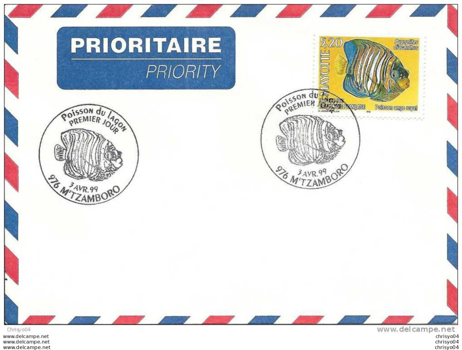 10v  MAYOTTE ENVELOPPE 1er JOUR M'TZAMBORO POISSON ANGE ROYAL - Other & Unclassified