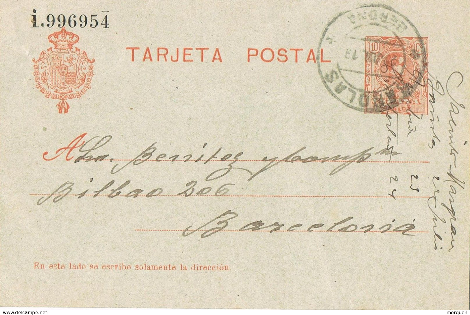 54069. Entero Postal  BAÑOLAS (Gerona) 1913. Alfonso XIII Medallon 10 Cts, Num 49n º - 1850-1931