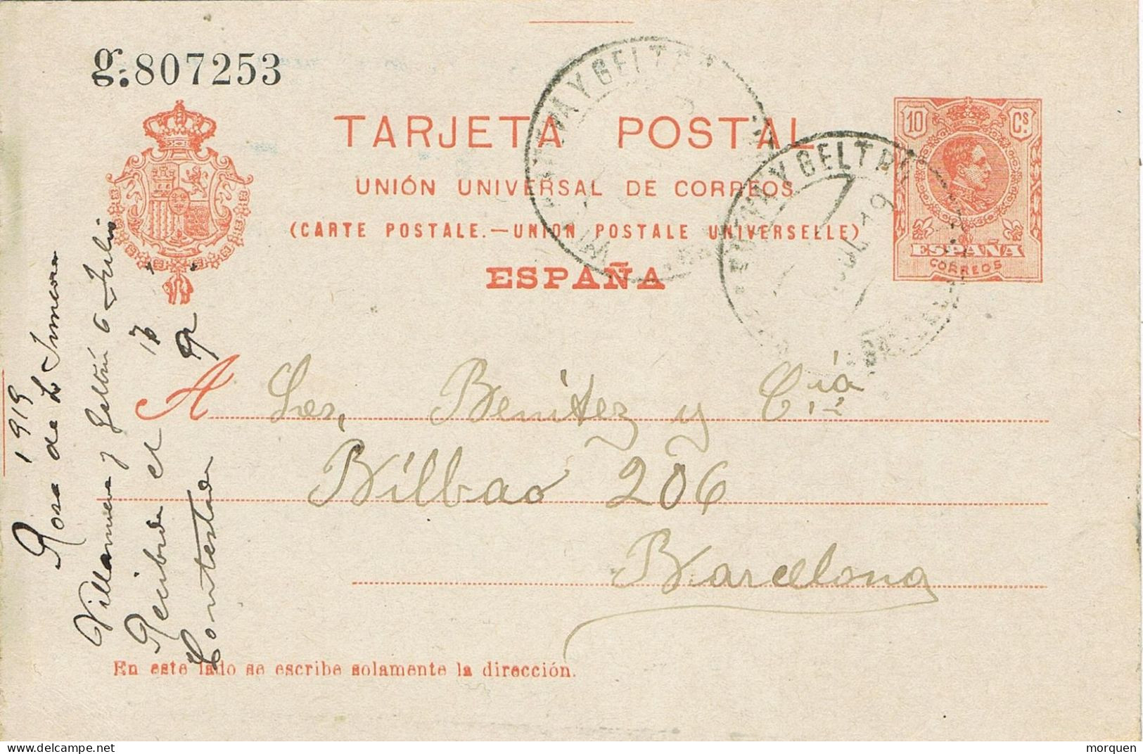 54070. Entero Postal  VILLANUEVA I GELTRU (Barcelona) 1918. Alfonso XIII Medallon 10 Cts, Num 49n º - 1850-1931