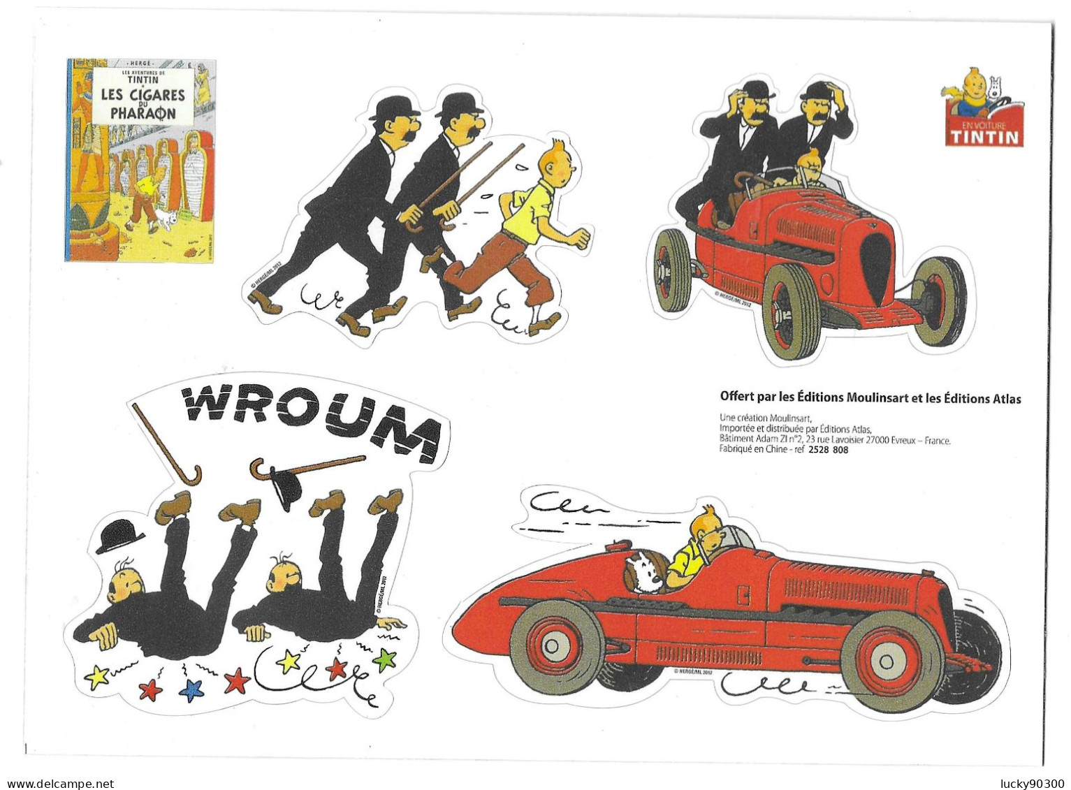 PLANCHE DE 4  AUTOCOLLANTS - TINTIN - LES CIGARES DU PHARAON -  MILOU - DUPOND ET DUPONT - VOITURE DE COURSE - Stickers