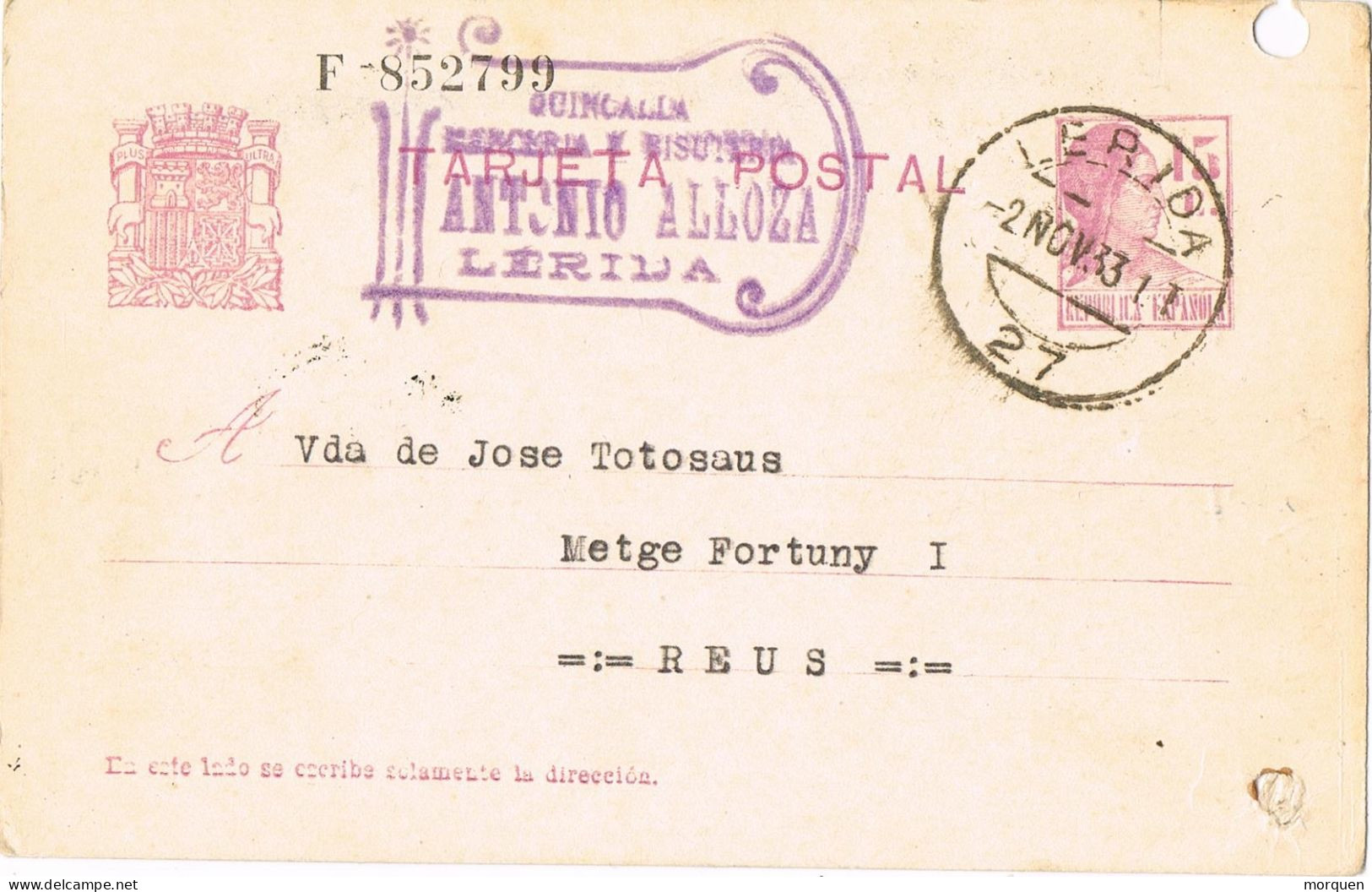 54071. Entero Postal LERIDA 1933. Republica, Tampoin Comercial ALLOZA, Quincalla, Num 69 º - 1931-....