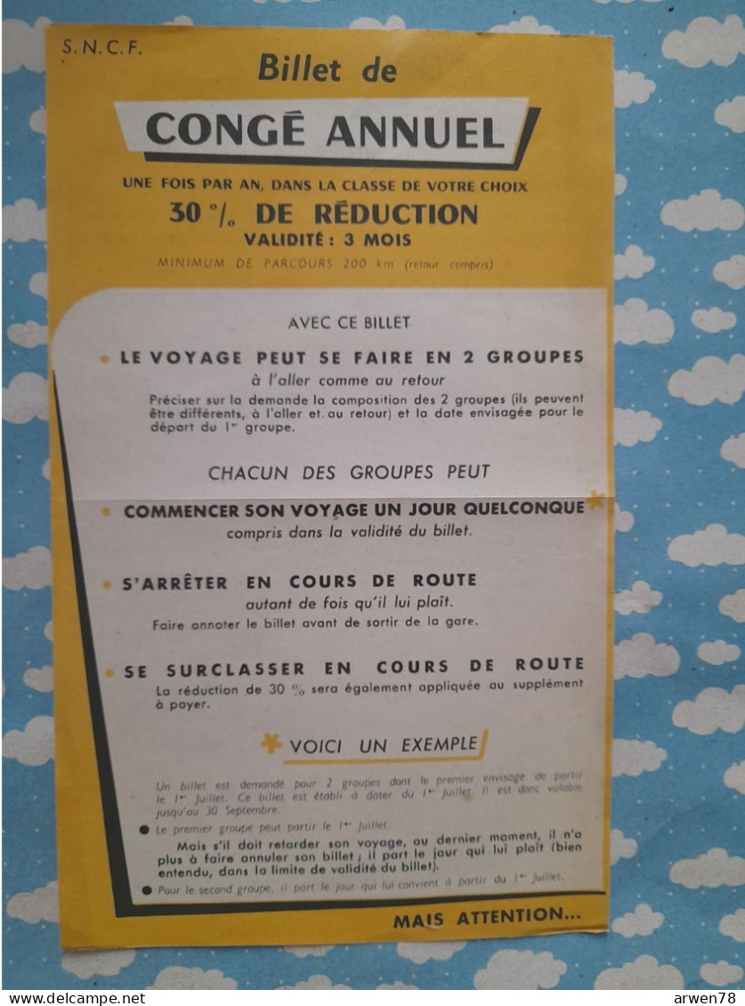 SNCF Billet De Conge Annuel  Année 60 ' - Sonstige & Ohne Zuordnung