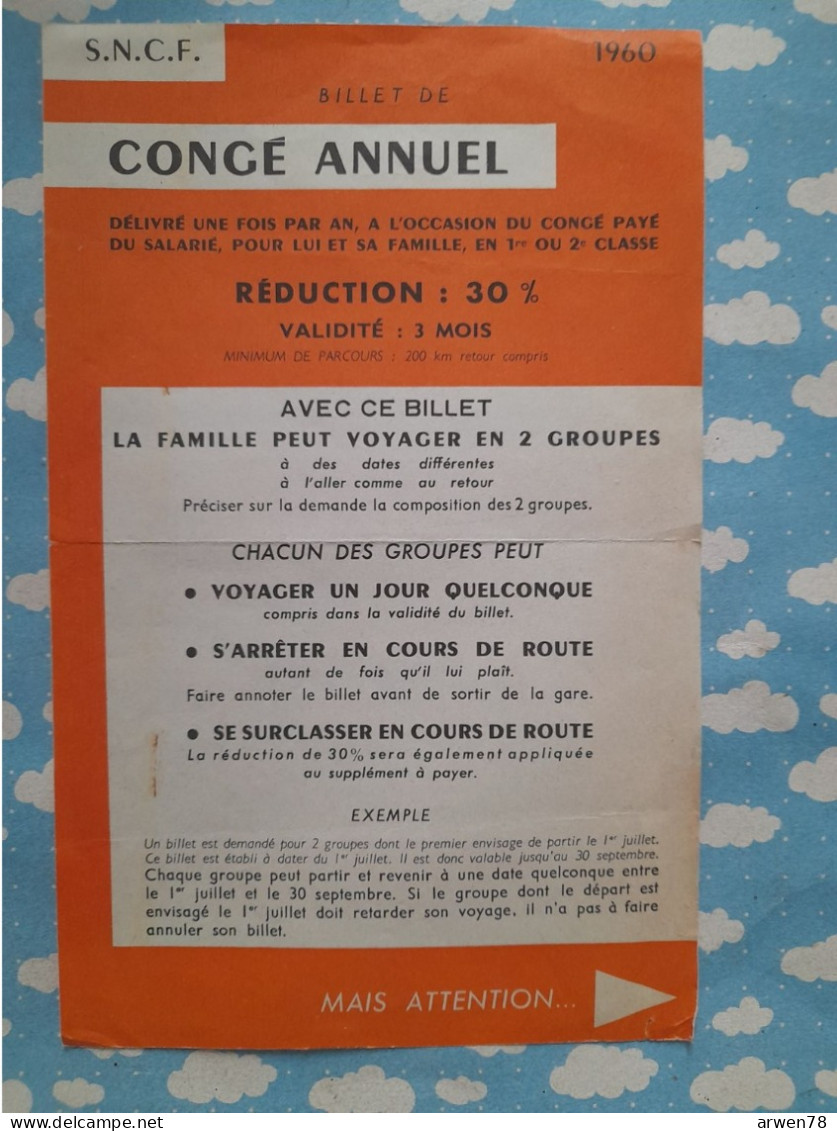 SNCF Billet De Conge Annuel   1960 - Andere & Zonder Classificatie