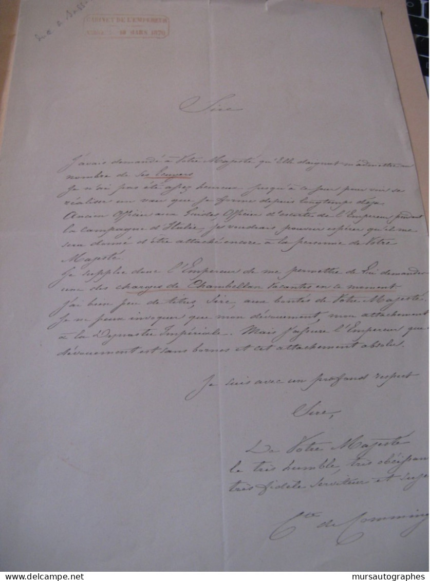ELIE DE COMMINGES Autographe Signé 1870 ECUYER MEMORIALISTE à NAPOLEON III - Politisch Und Militärisch