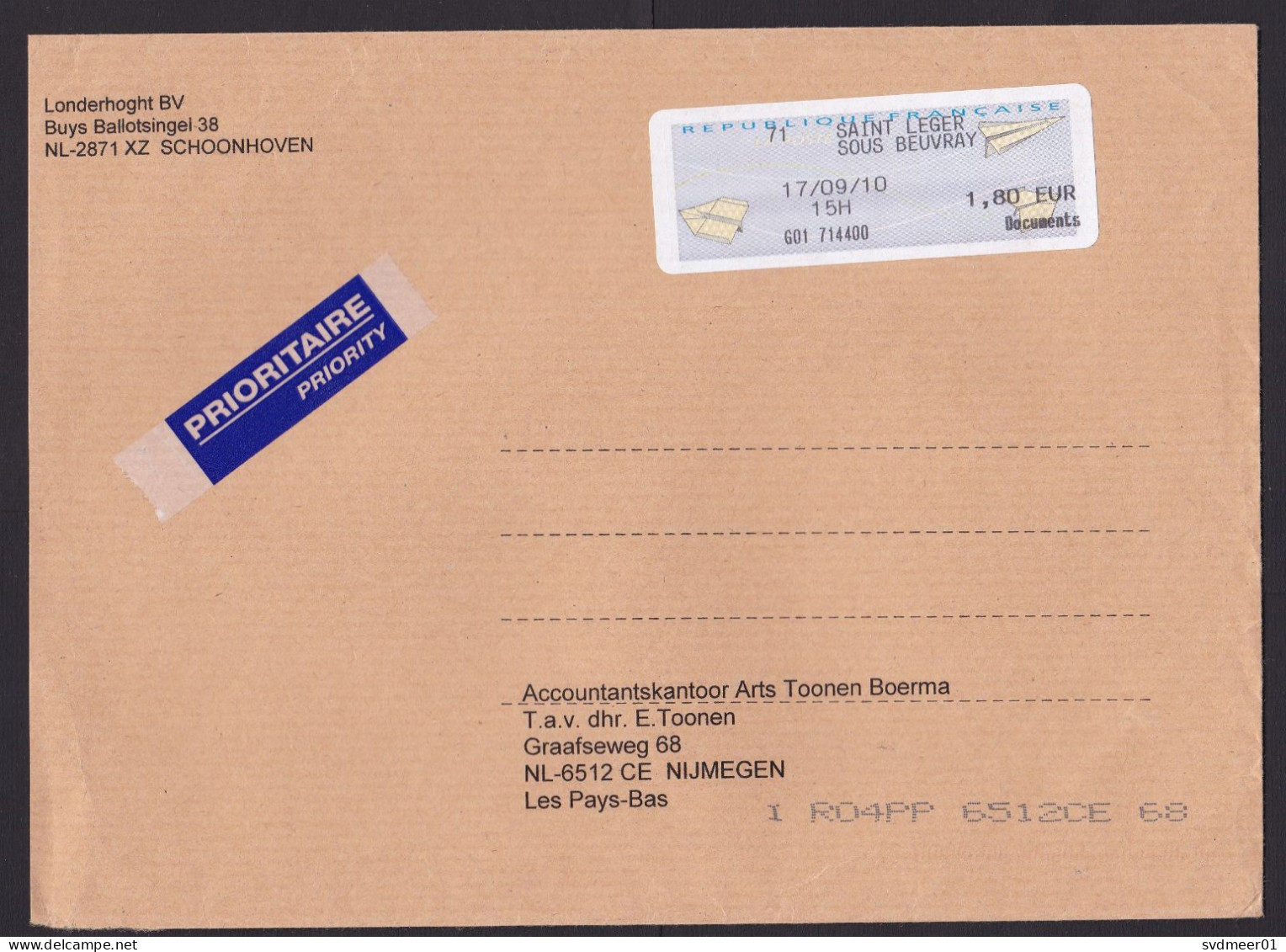 France: Priority Cover To Netherlands, 2010, ATM Machine Label, 1.80 Documents Rate, Saint Leger (traces Of Use) - Storia Postale
