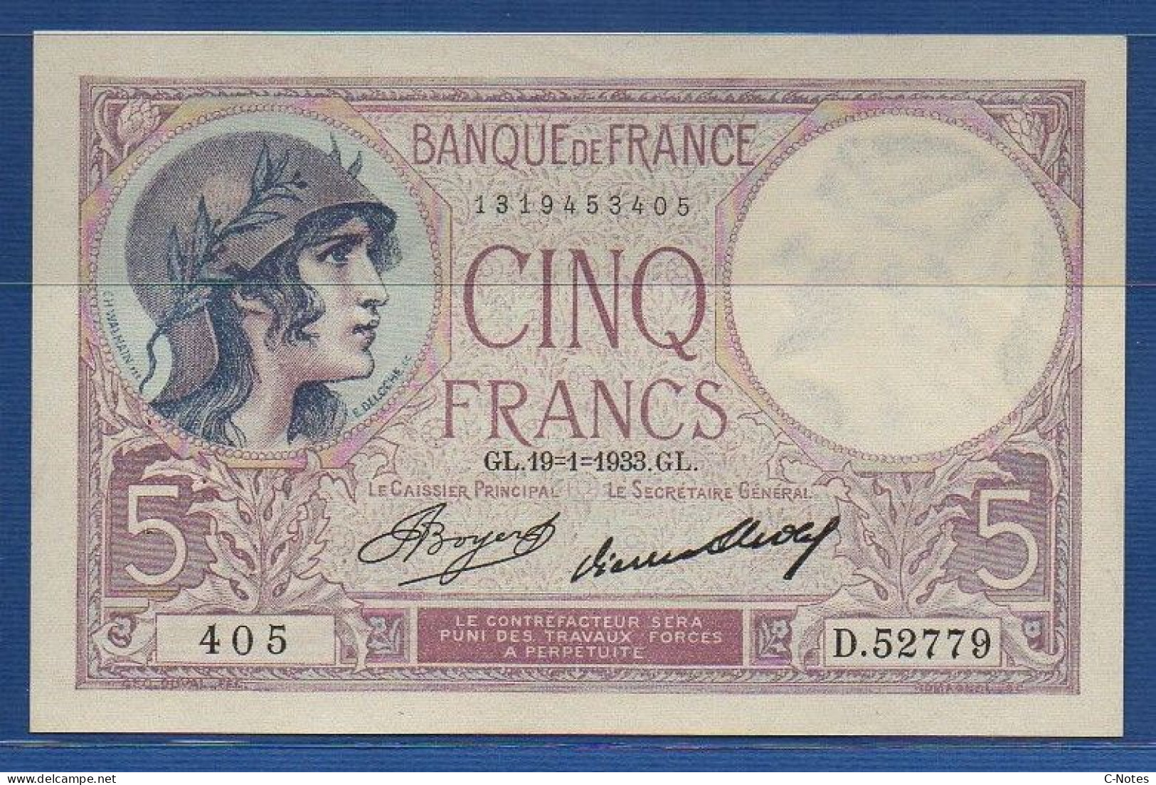 FRANCE - P. 72e – 5 Francs "Violet" 19.01.1933 XF/aUNC, S/n D.52779 405 - 5 F 1917-1940 ''Violet''