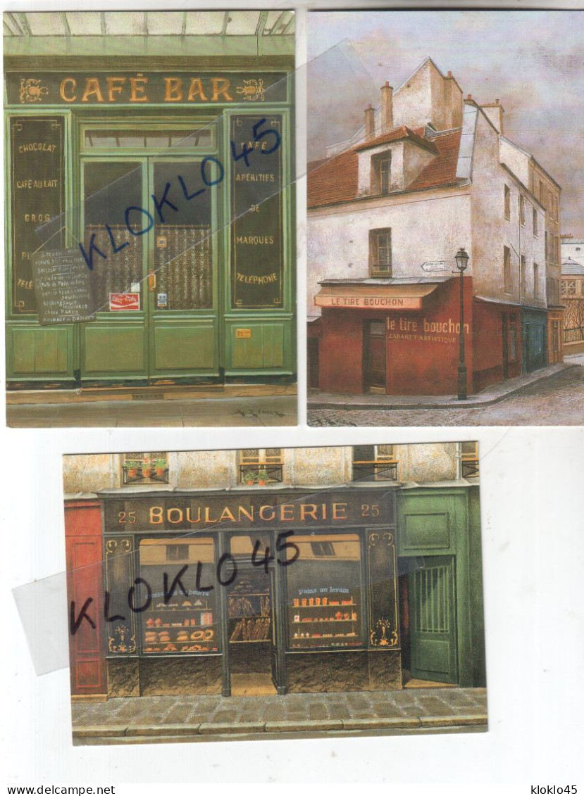 Fantaisies Magasins LOT De 3 Cartes LE TIRE BOUCHON - BOULANGERIE - CAFE BAR -illustrateur A. Renoux CPSM AUBERT - Colecciones Y Lotes