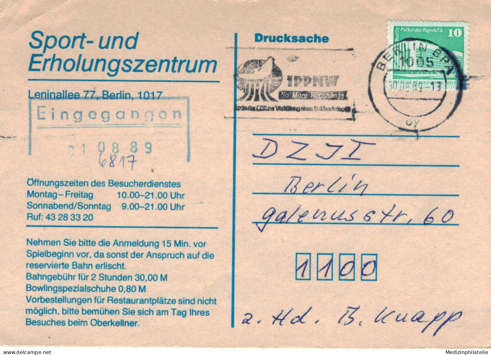 IPPNW Ärzte Der DDR Zur Verhütung Eines Nuklearkrieges Berlin 1989 - Sport-Erholungszentrum Absage Bowling-Bahn - Atomenergie