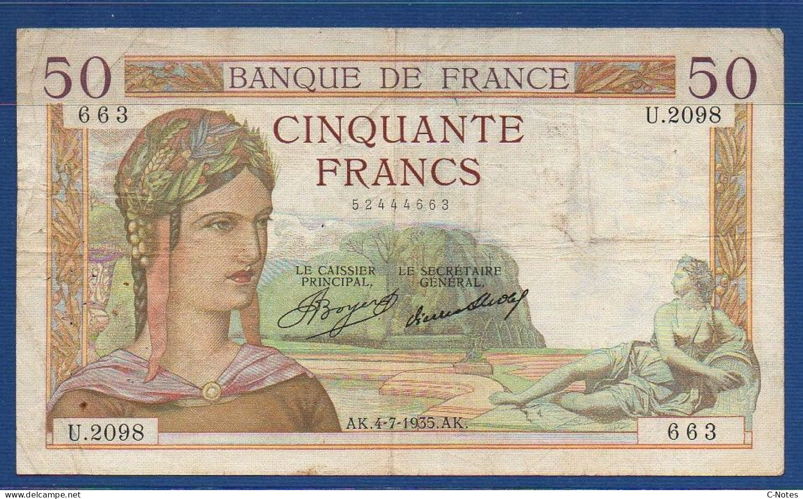 FRANCE - P. 81 – 50 Francs "Cérès" 04.07.1935 Circulated, F+, S/n U.2098 663 - 50 F 1934-1940 ''Cérès''