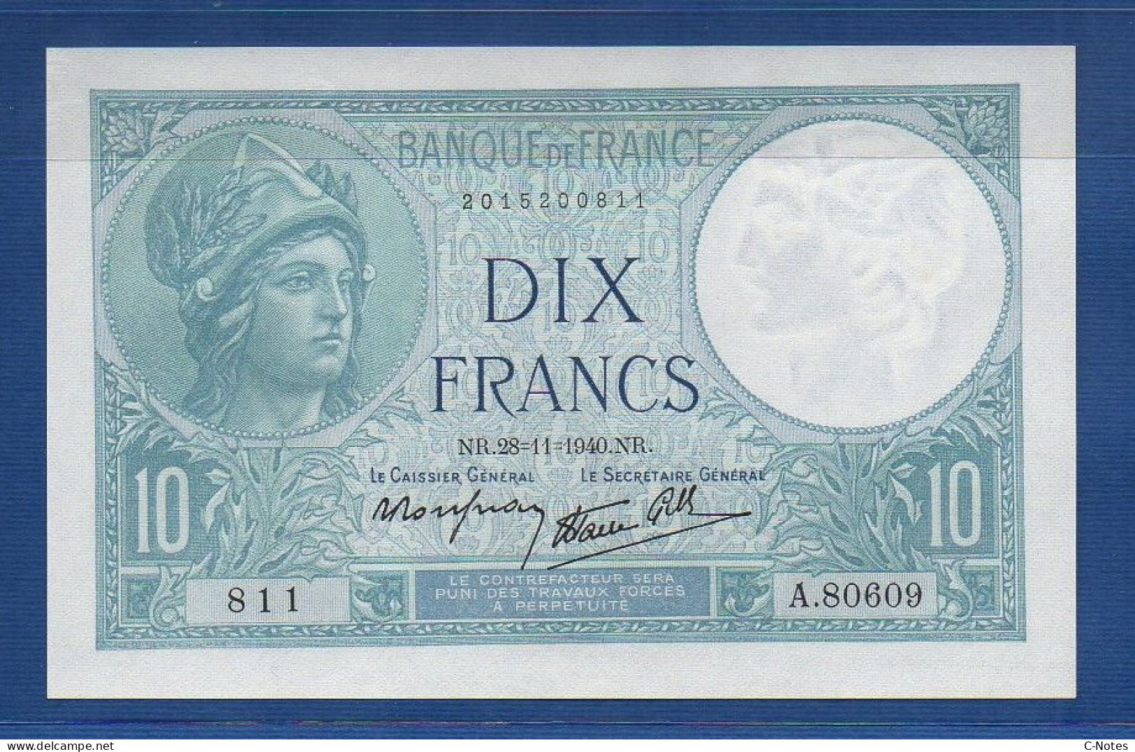 FRANCE - P. 84 – 10 Francs ''Minerve'' 28.11.1940 UNC-, S/n A.80609 811 - 10 F 1916-1942 ''Minerve''