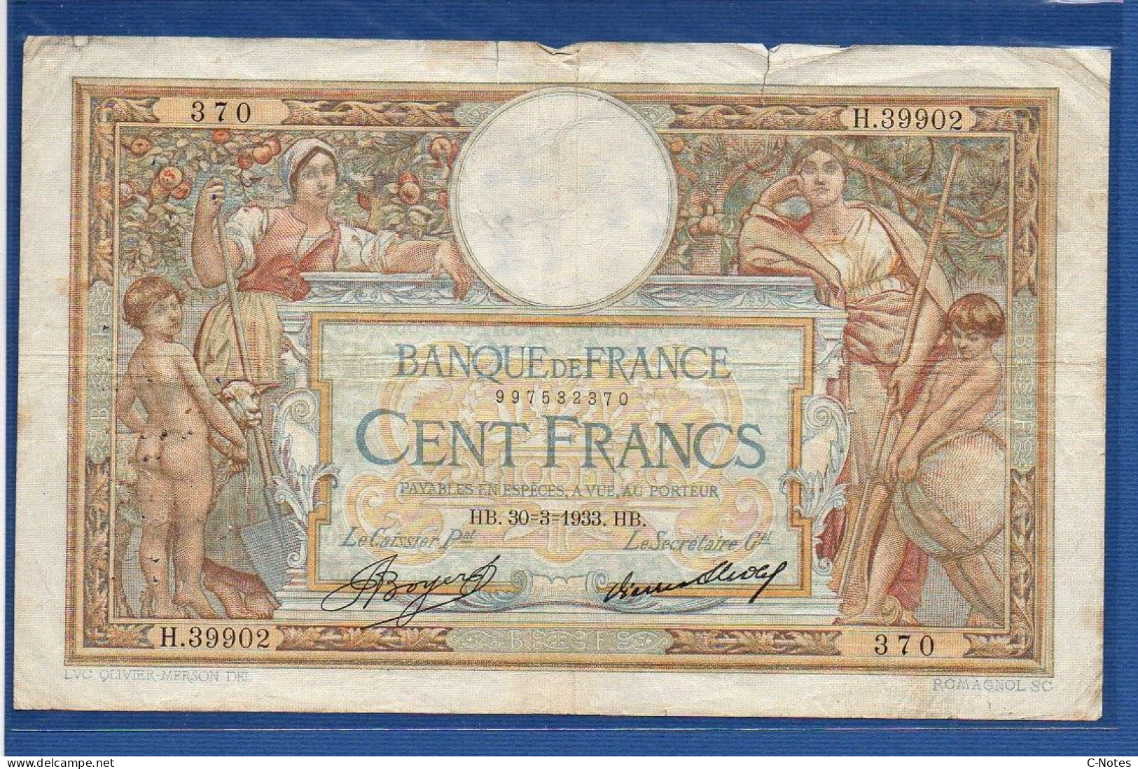 FRANCE - P. 78c – 100 Francs "Merson" 30.03.1933 Circulated VG/F, S/n H.39902 370 - 100 F 1908-1939 ''Luc Olivier Merson''