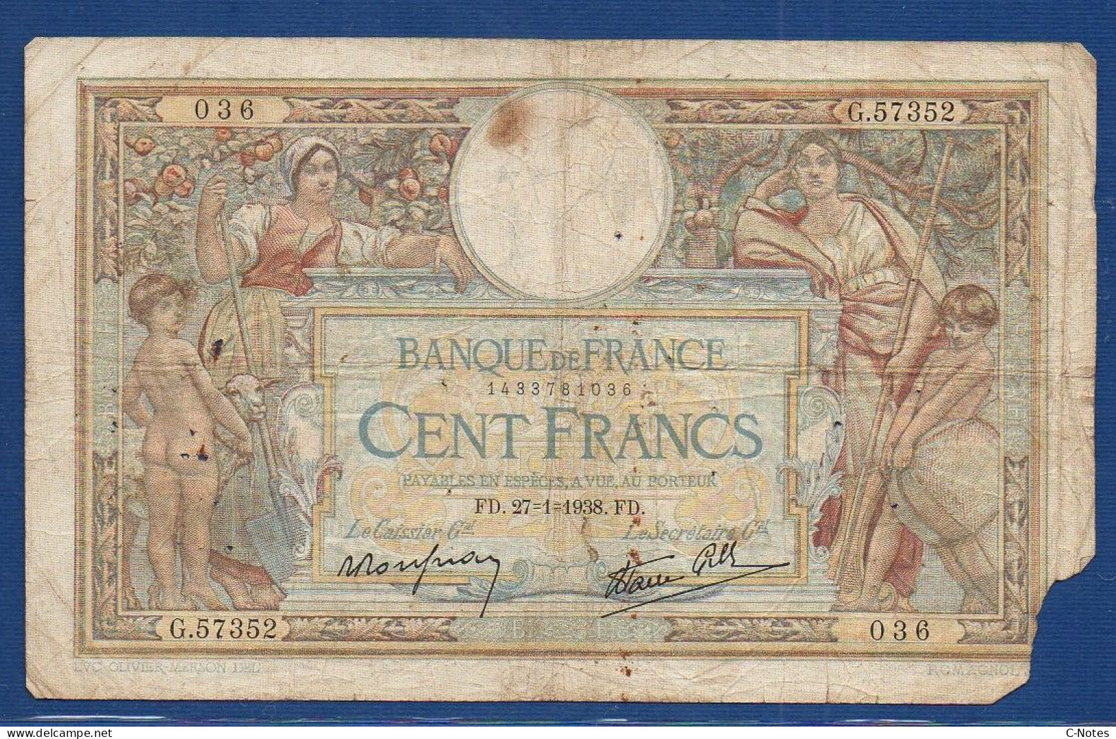 FRANCE - P. 86b – 100 Francs "Merson" 27.01.1938 Circulated, S/n G.57352 036 - 100 F 1908-1939 ''Luc Olivier Merson''