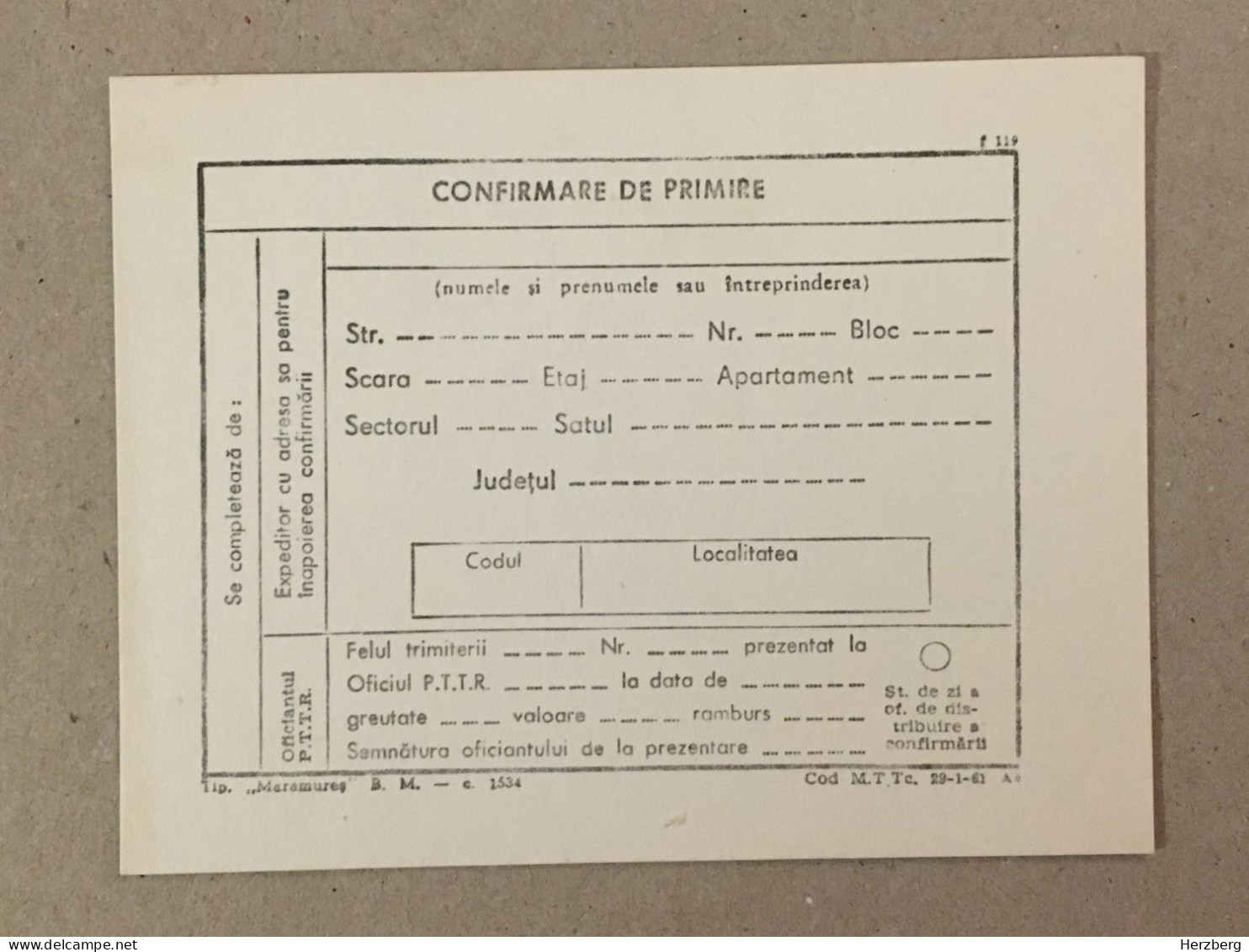 Romania Rumanien Roumanie - 1981 Confirmare De Primire / Postal Receipt Confirmation - Unused - Storia Postale