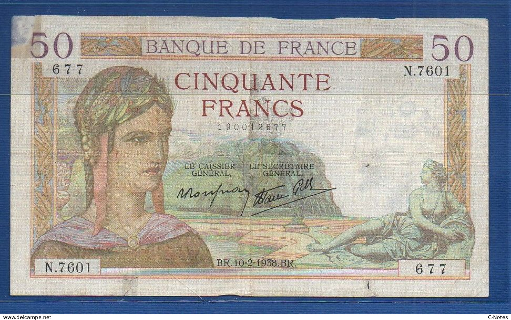 FRANCE - P. 85b – 50 Francs "Cérès" 10.02.1938 Circulated And Repaired, S/n N.7601 677 - 50 F 1934-1940 ''Cérès''