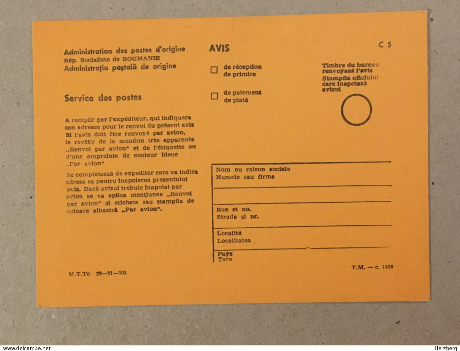 Romania Rumanien Roumanie - RSR - Postal Dispatch Bulletin / Postal Notice - Brieven En Documenten