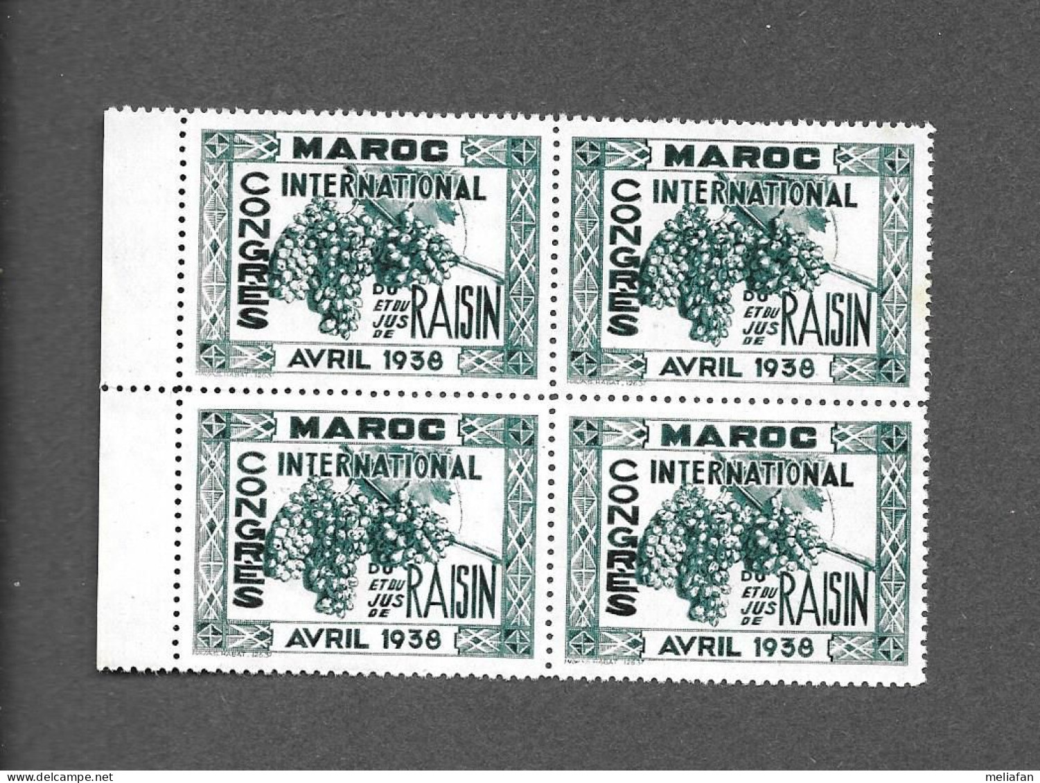 KB2346 - BLOC 4 VIGNETTES - CONRES INTERNATIONAL DU RAISIN - MAROC 1938 - GOMMEE SANS CHARNIERE BORD DE FEUILLE A GAUCHE - Autres & Non Classés