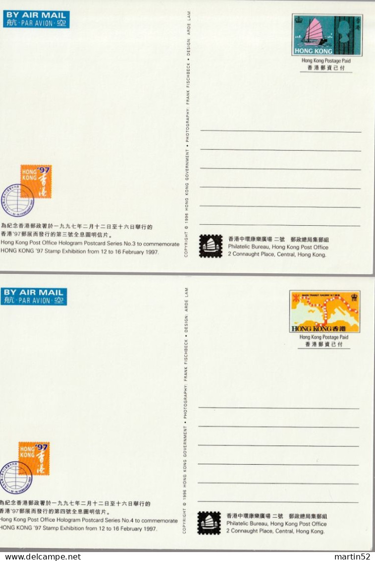 Hong Kong 1997: Postcard-Set Stamp-Exhibition N° 3-8  with HOLOGRAM on each Picture-side (ungelaufen non circulé unused)