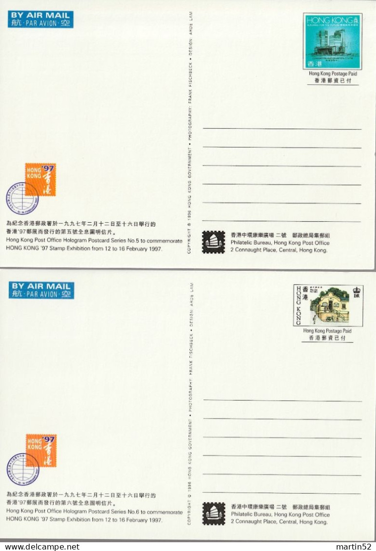 Hong Kong 1997: Postcard-Set Stamp-Exhibition N° 3-8  with HOLOGRAM on each Picture-side (ungelaufen non circulé unused)