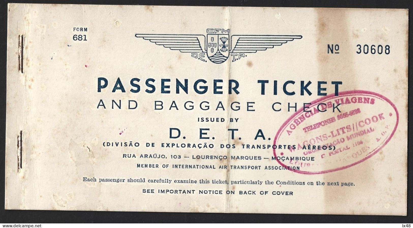 Plane Ticket DETA - Air Transport Exploration Division, Mozambique 1956.Travel Lourenço Marques, Durban, South Africa. - Monde