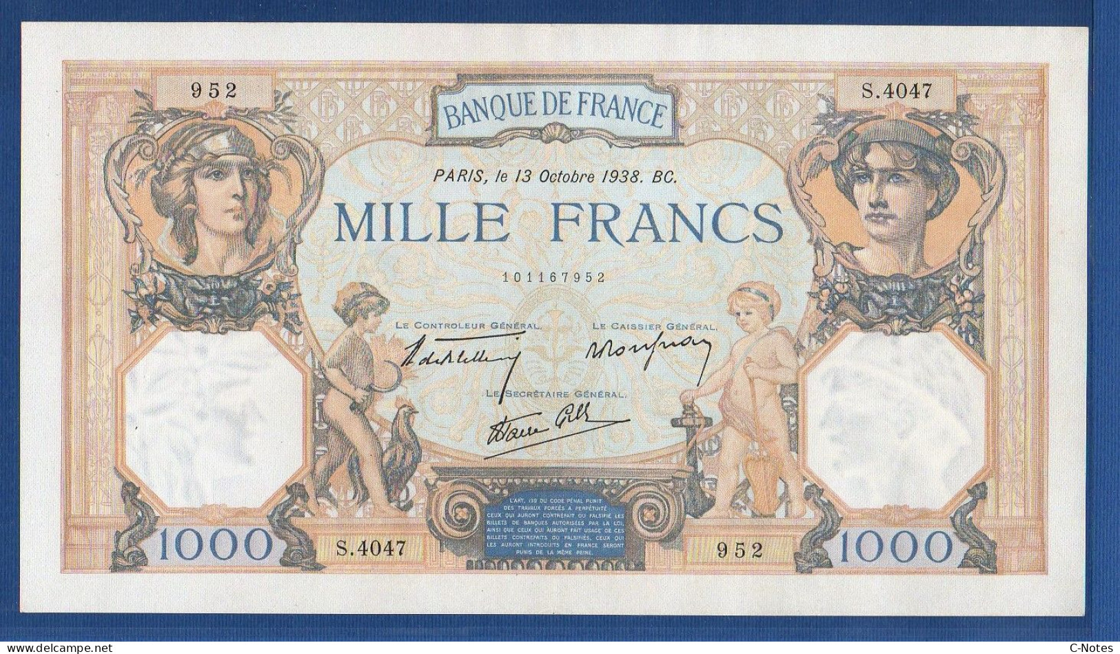 FRANCE - P. 90c – 1000 Francs "Cérès Et Mercure" 13.10.1938, AUNC, S/n S.4047 952 - 1 000 F 1927-1940 ''Cérès E Mercure''