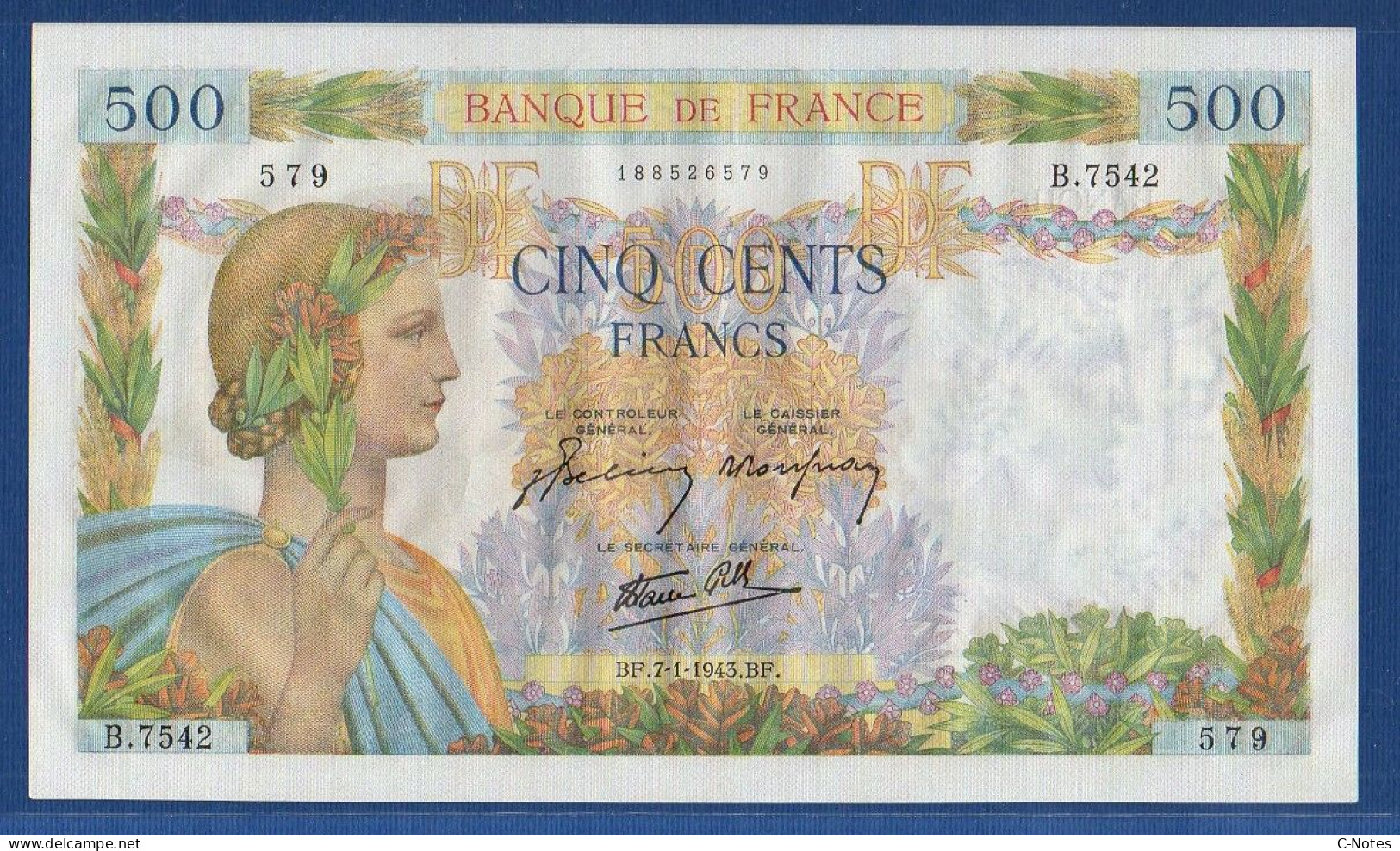 FRANCE - P. 95b – 500 Francs "La Paix" 07.01.1943, UNC-, S/n B.7542 579 - 500 F 1940-1944 ''La Paix''