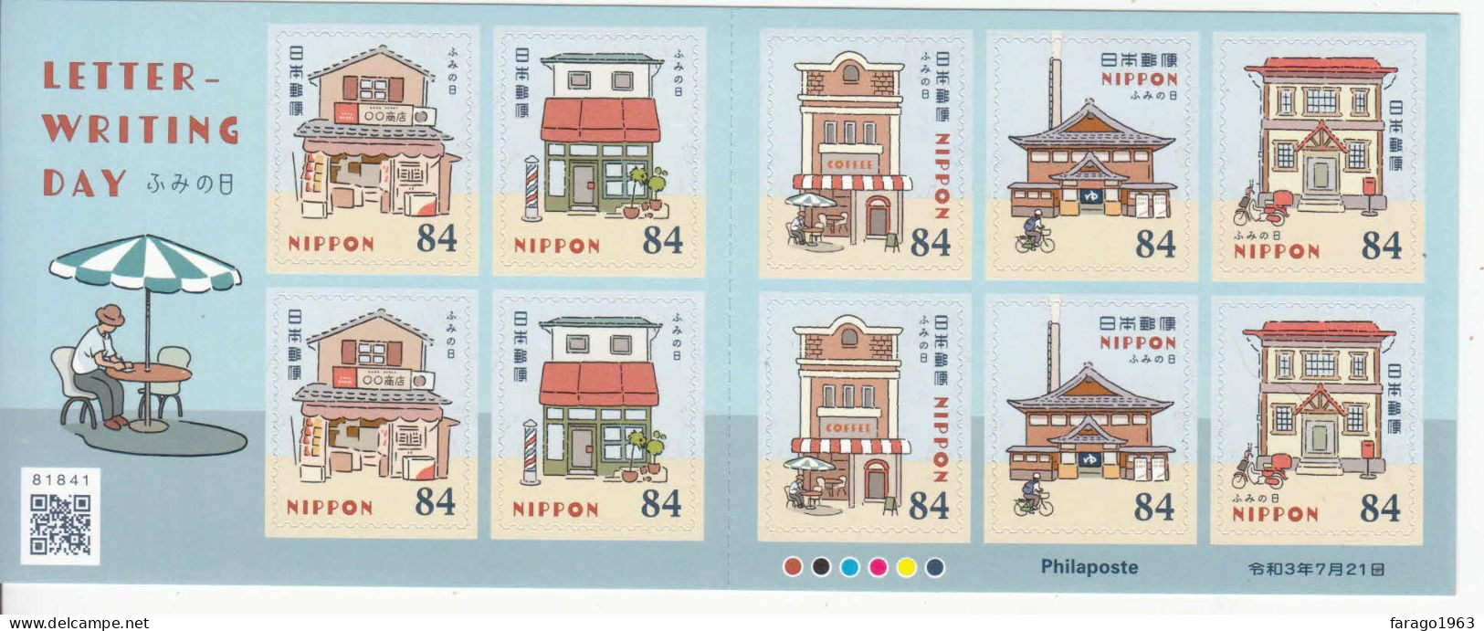 2021 Japan Letter Writing Week Shops Barbers Coffee Cafe   Miniature Sheet Of 10 MNH - Neufs