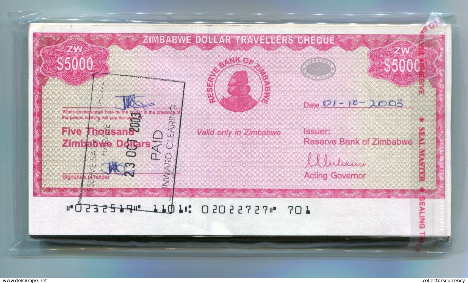 Zimbabwe Dollar Travellers Cheque $5 000 Check 2003 P16 Rare X 100 Pieces A - Simbabwe