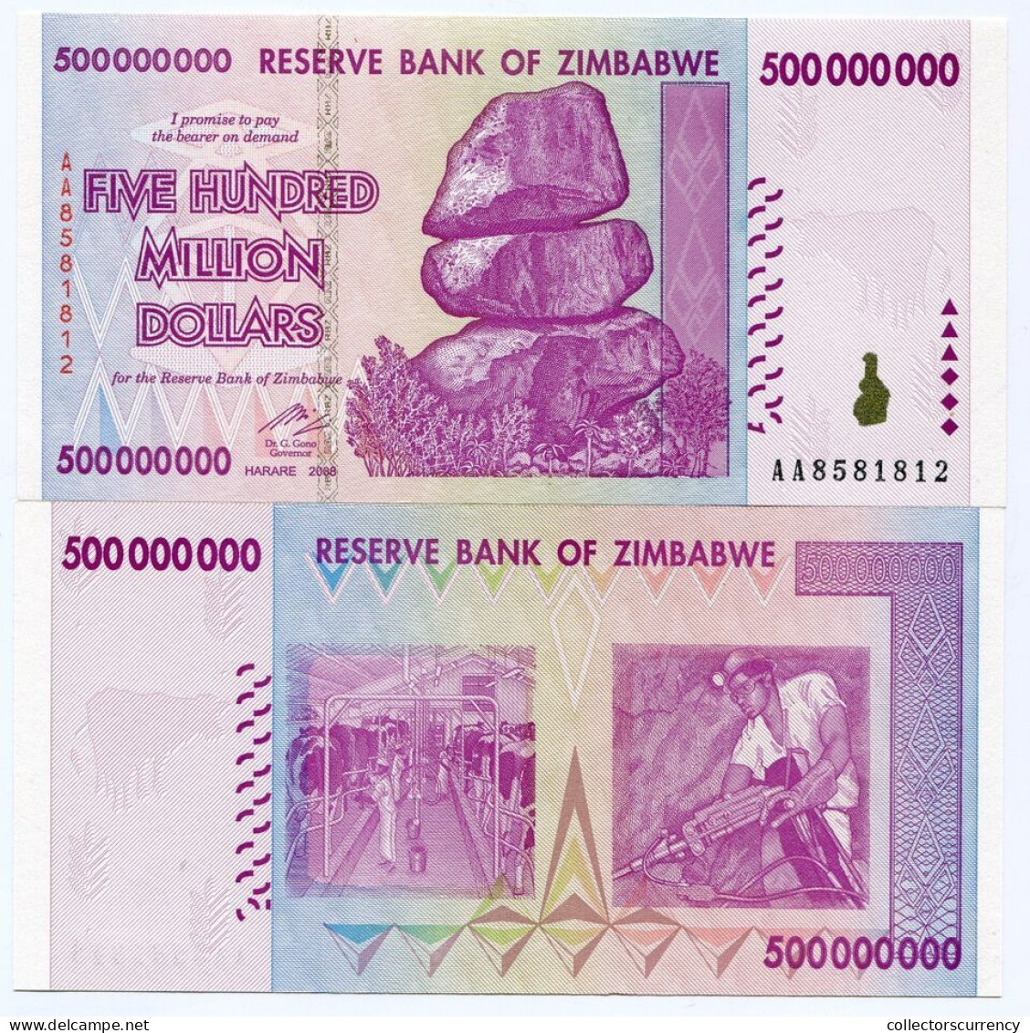 Zimbabwe 500 Million AA 2008 Banknote UNC P82 X 25 Pieces 100 Trillion Series - Simbabwe