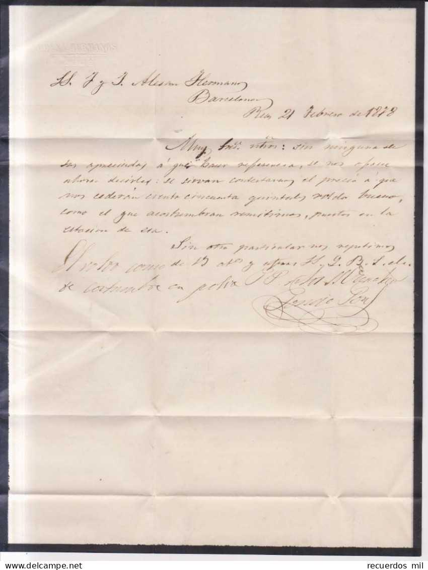 Año 1876 Edifil 175-188 Carta  Matasellos  Reus Tarragona Membrete Odena Hermanos - Covers & Documents