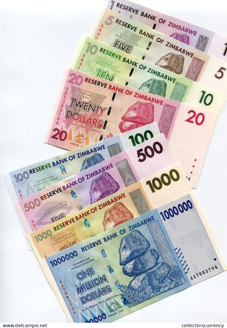 ZIMBABWE SCARCE 2008 GERMAN PRINTED With SECURITY STRIP NOTES $1 , $5 , $10 ,$20,$100,$500,$1000,$1 MILLION - 8 NOTE SET - Zimbabwe
