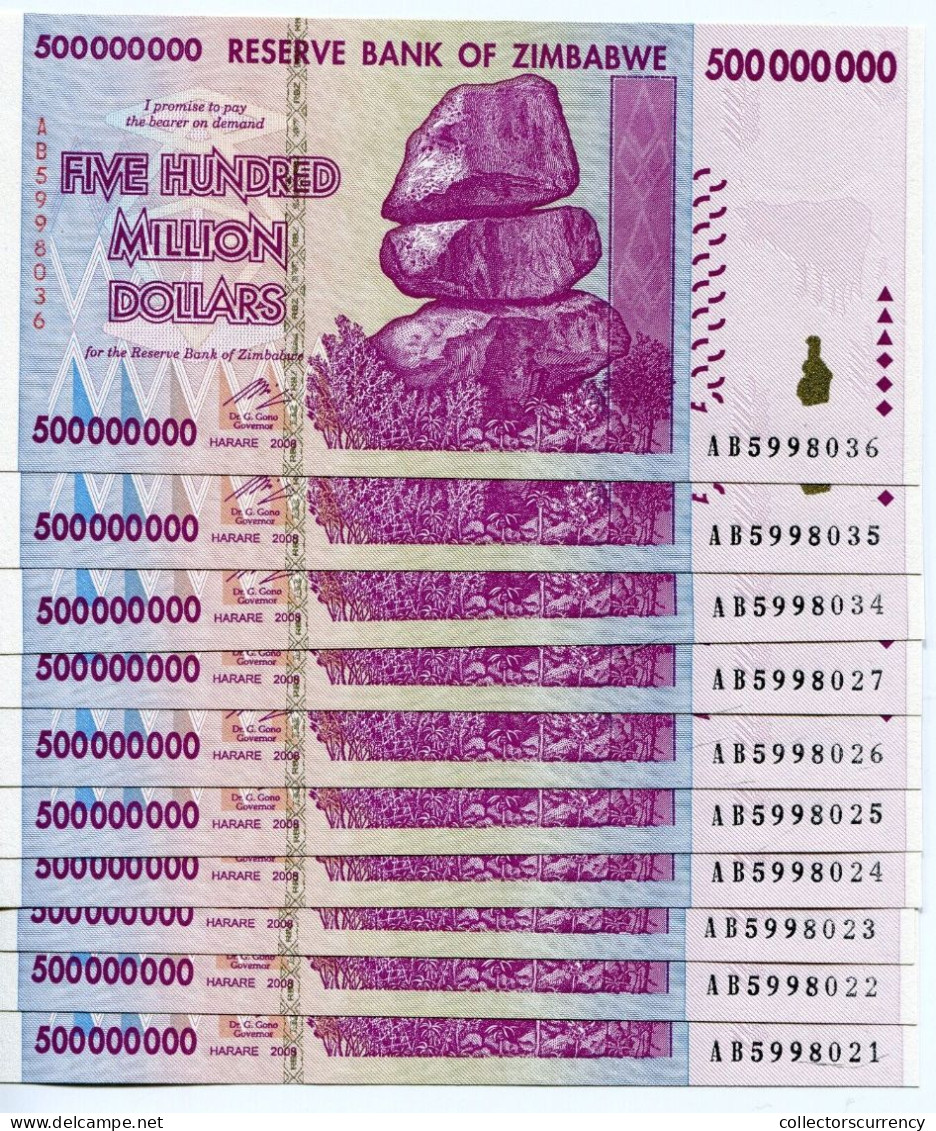 Zimbabwe 500 Million 2008 Banknote UNC P82 AB X 10 Pieces 100 Trillion Series - Zimbabwe