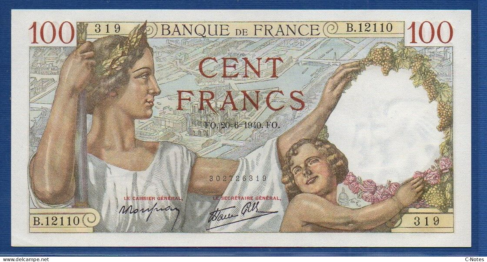 FRANCE - P. 94 – 100 Francs ''Sully'' 20.06.1940, UNC, S/n B.12110 319 - 100 F 1939-1942 ''Sully''