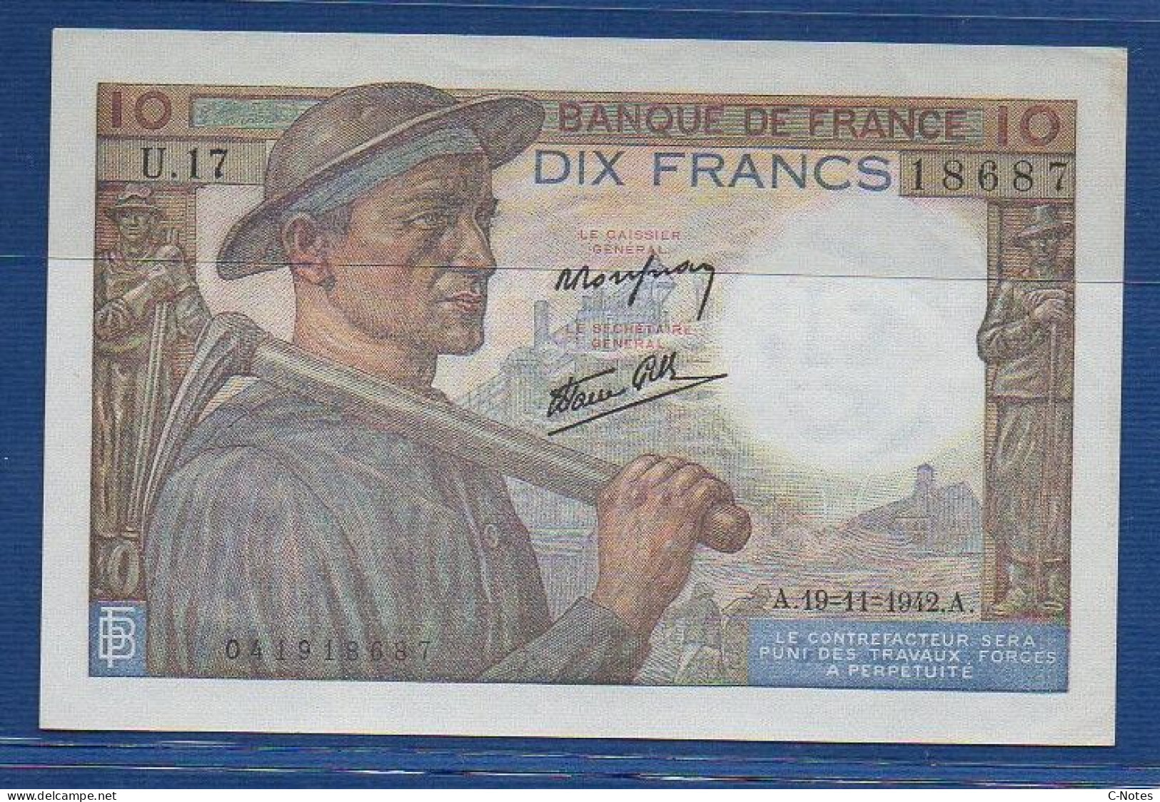 FRANCE - P. 99b – 10 Francs 'Mineur'' 19.11.1942, AUNC, S/n U.17 18687 - 10 F 1941-1949 ''Mineur''