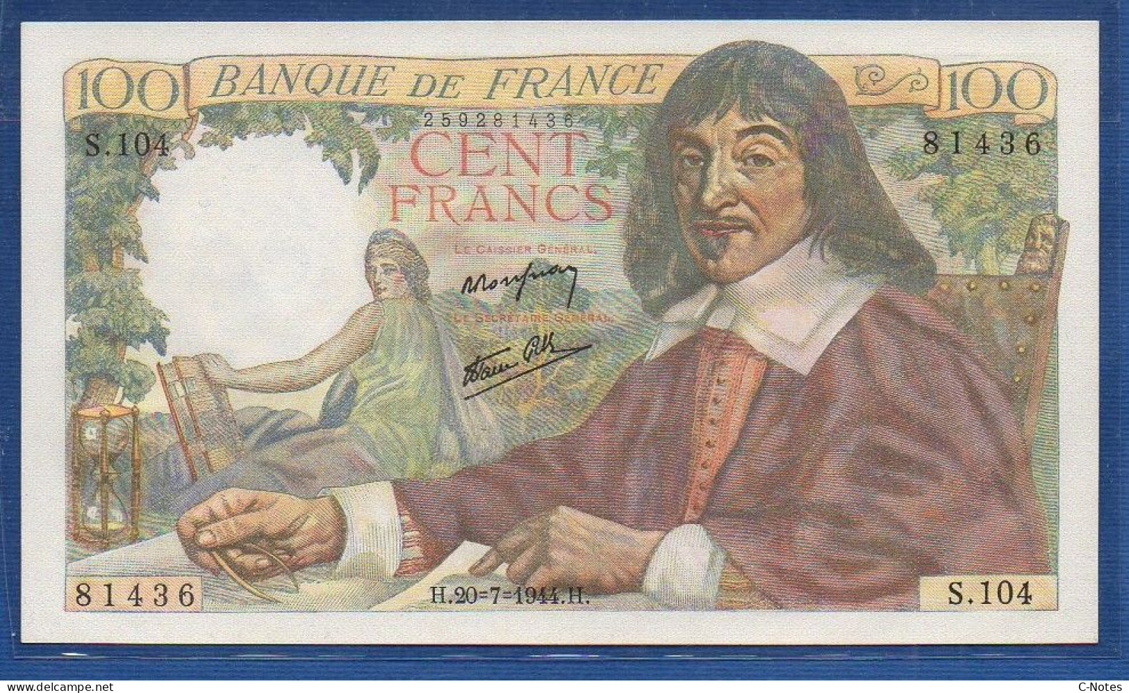 FRANCE - P.101a – 100 Francs ''Descartes'' 20.07.1944, UNC, S/n S.104 81436 - 100 F 1942-1944 ''Descartes''