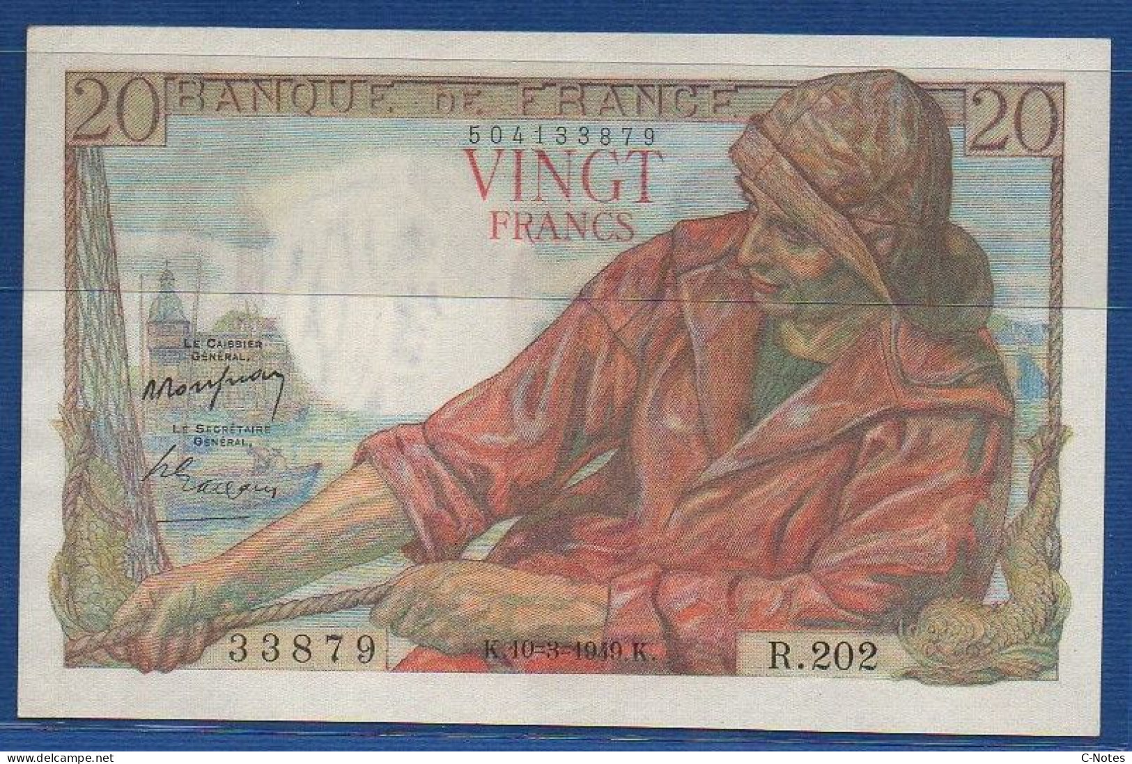 FRANCE - P.100c – 20 Francs ''Pêcheur'' 10.03.1949, AUNC, S/n R.202 33879 - 20 F 1942-1950 ''Pêcheur''